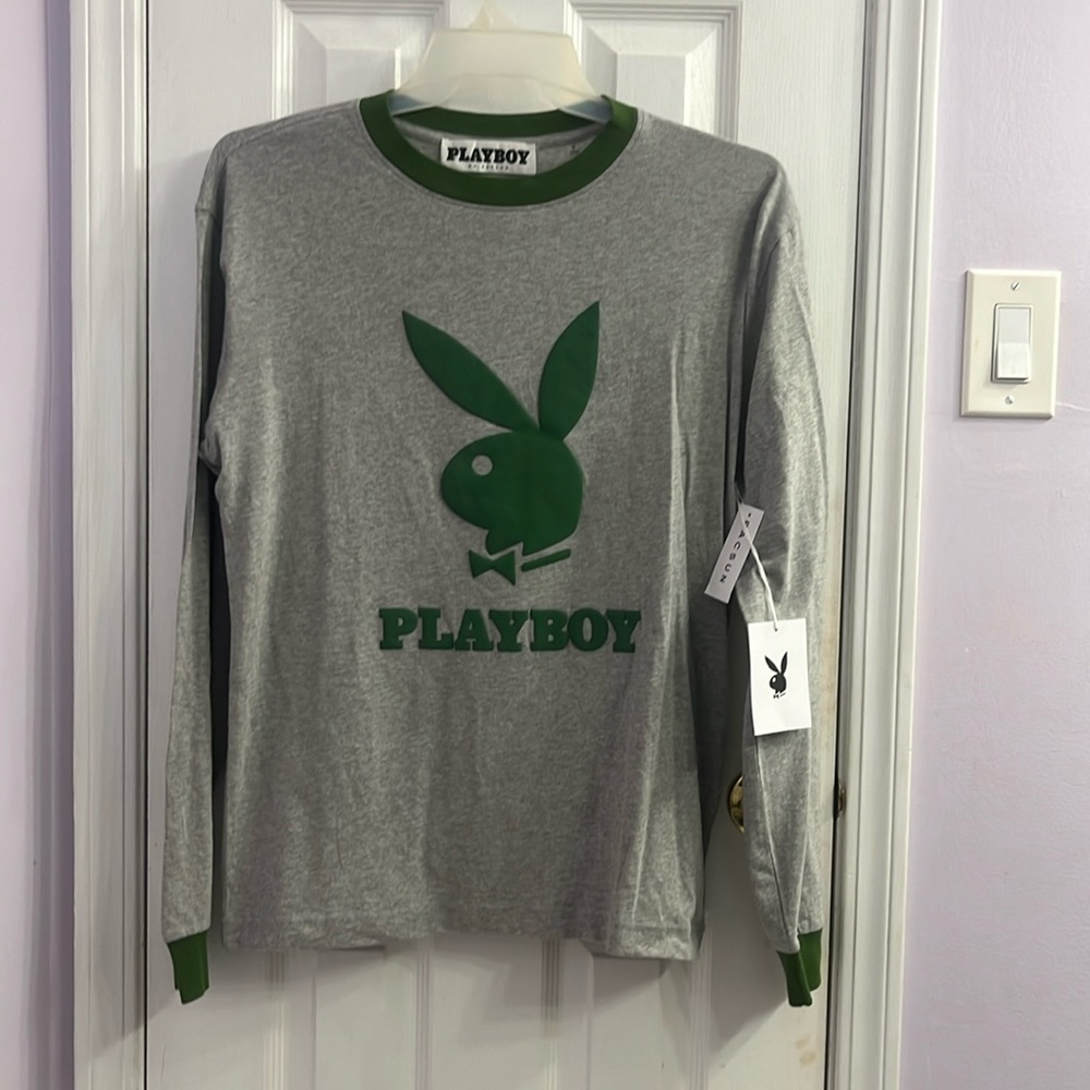 Playboy Mens Logo Tee T-Shirt S Pullover Long Sleeve Crew Neck Gray Green NEW